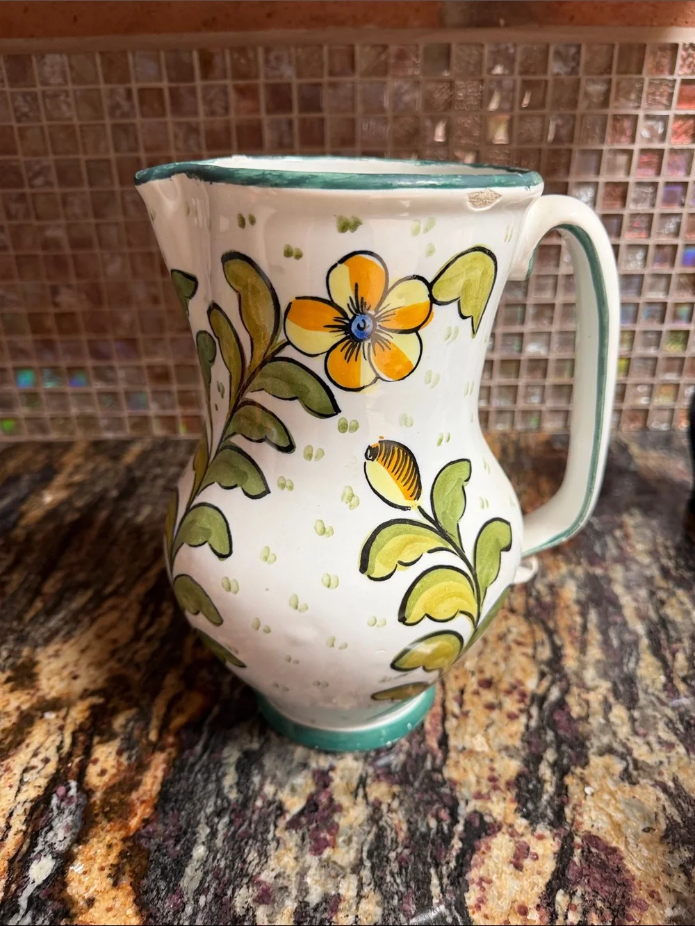 Vintage handmade 10” pitcher floral old world coastal * READ * - Picture 3 of 6